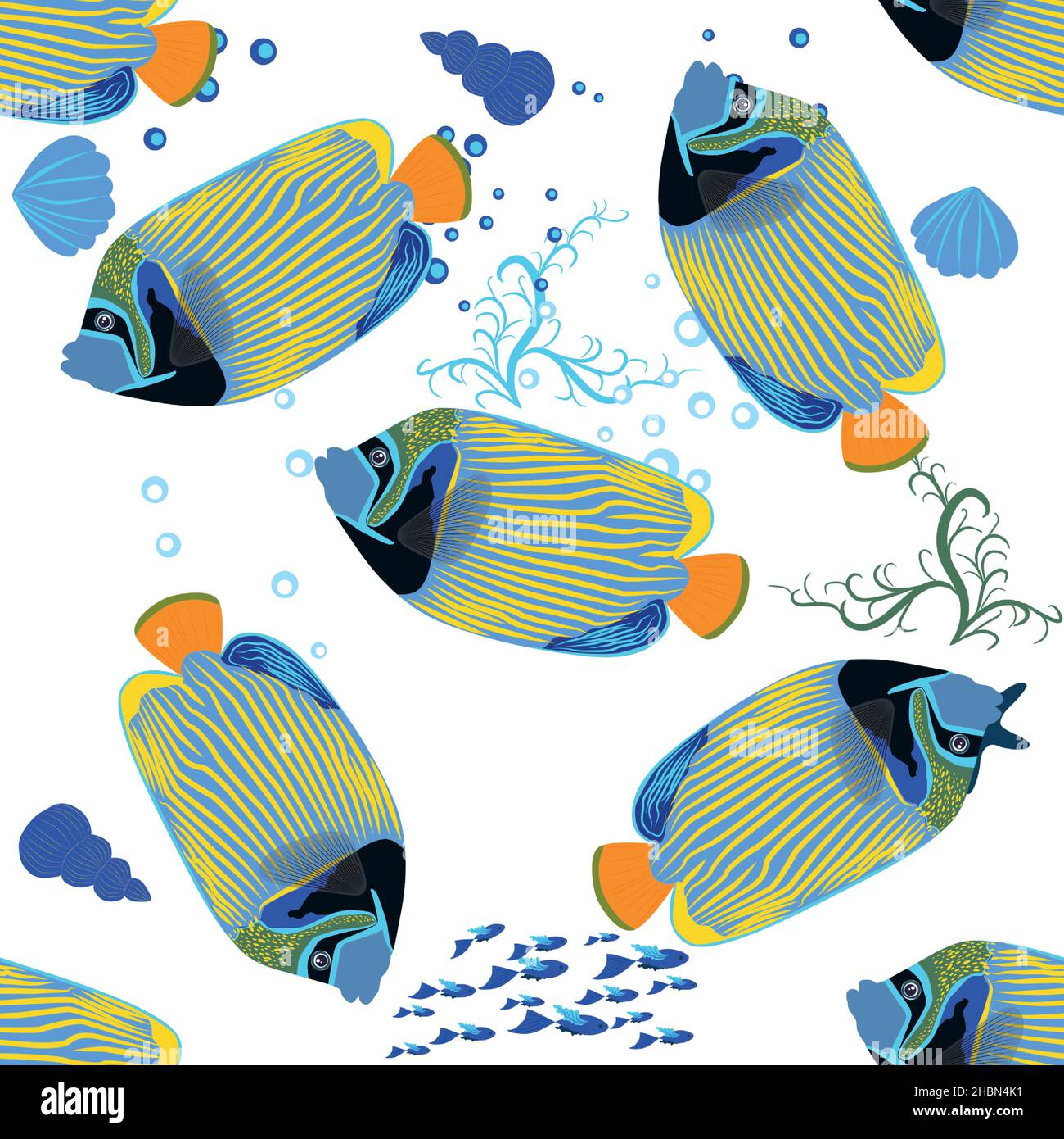 Emperor angelfish, Pomacanthus imperator seamless patterns, sea animal wildlife character. Nature underwater, marine wild ocean zoo fish Stock Vector