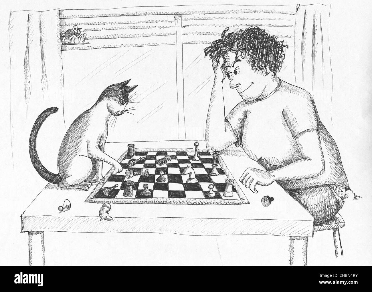 Woman playing chess with her cat. Illustration. Stock Photo