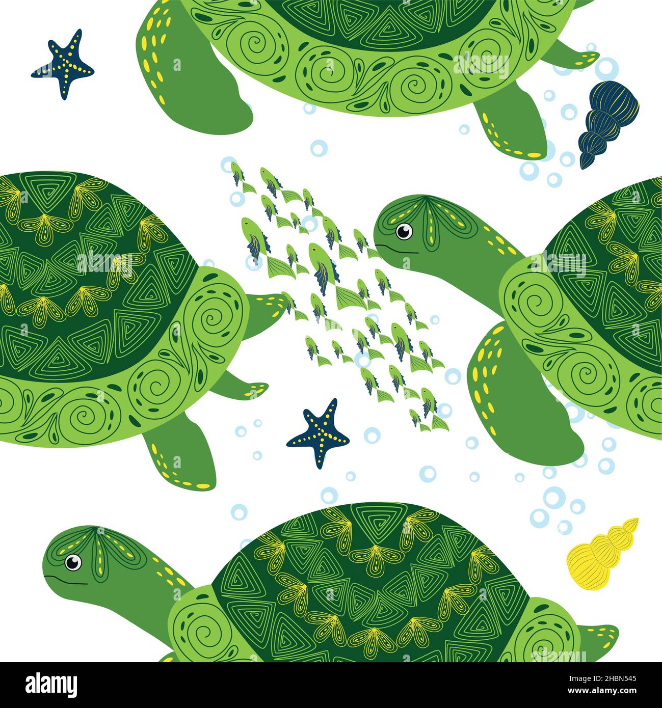 Turtle green seamless pattern, beautiful character among seashells ...