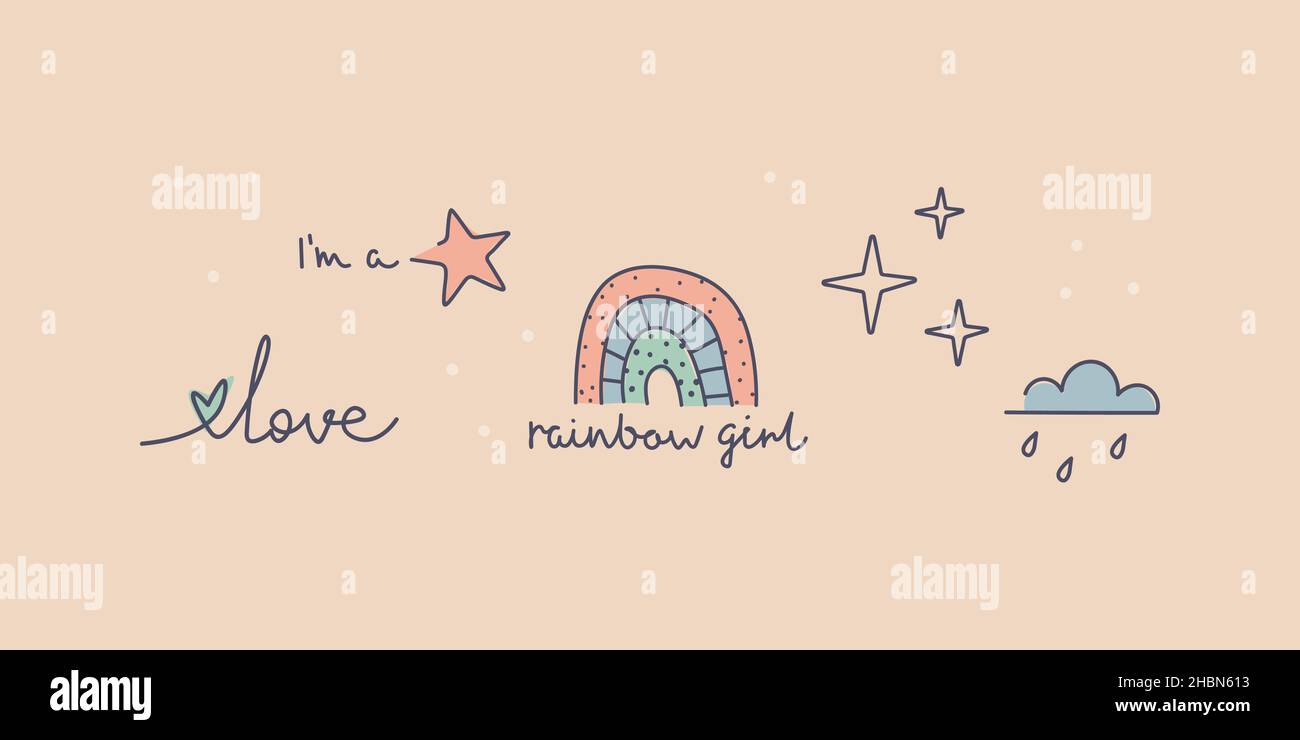 Set of minimalistic design tattoos. Rainbow, rain cloud, stars, lettering I'm a superstar, love. Cute illustration for design, sticker. Vector line Stock Vector