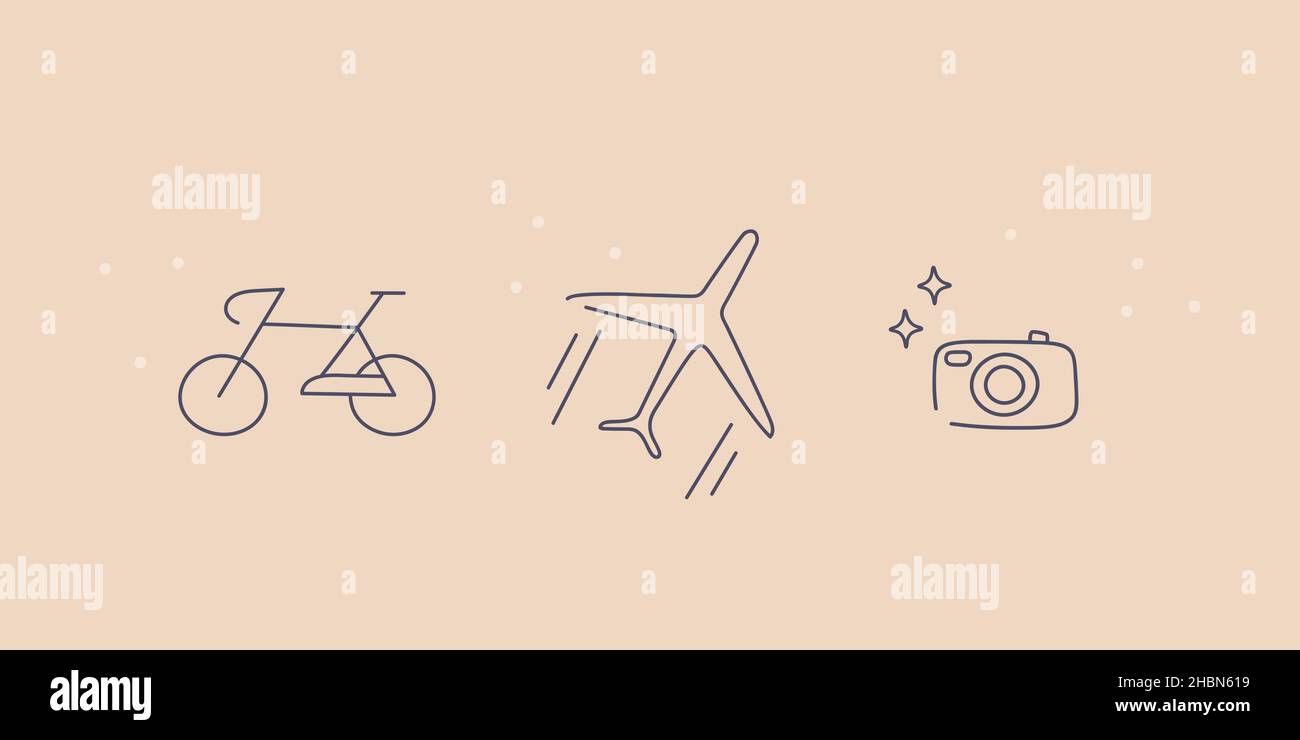 Set of minimalistic design tattoos. A bicycle, an airplane and a camera.  Cute illustration for design, sticker. Vector line art Stock Vector Image \u0026  Art - Alamy, image size:1300x740