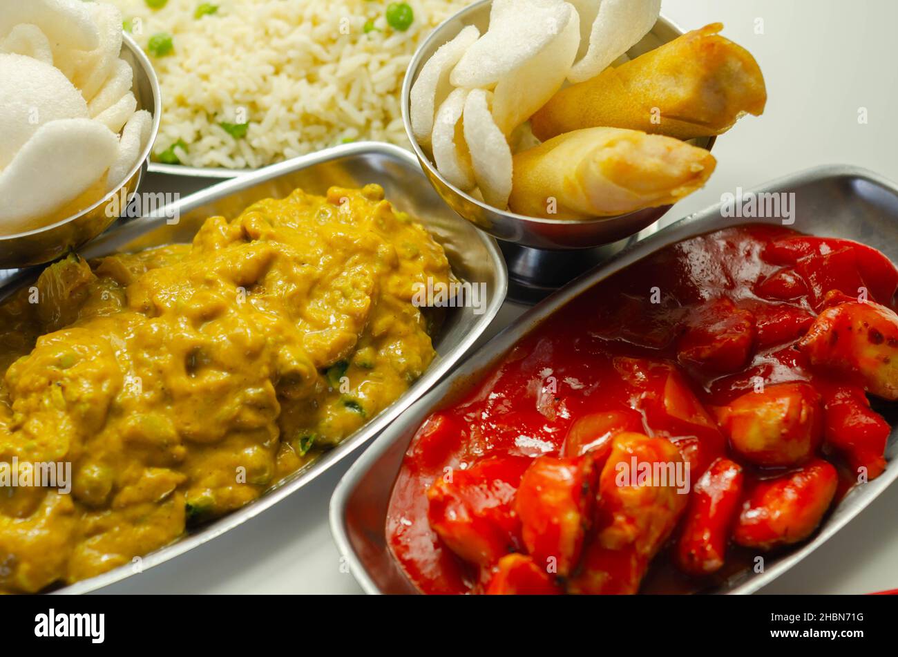 Chinese set, chicken curry, sweet and sour chicken served with egg