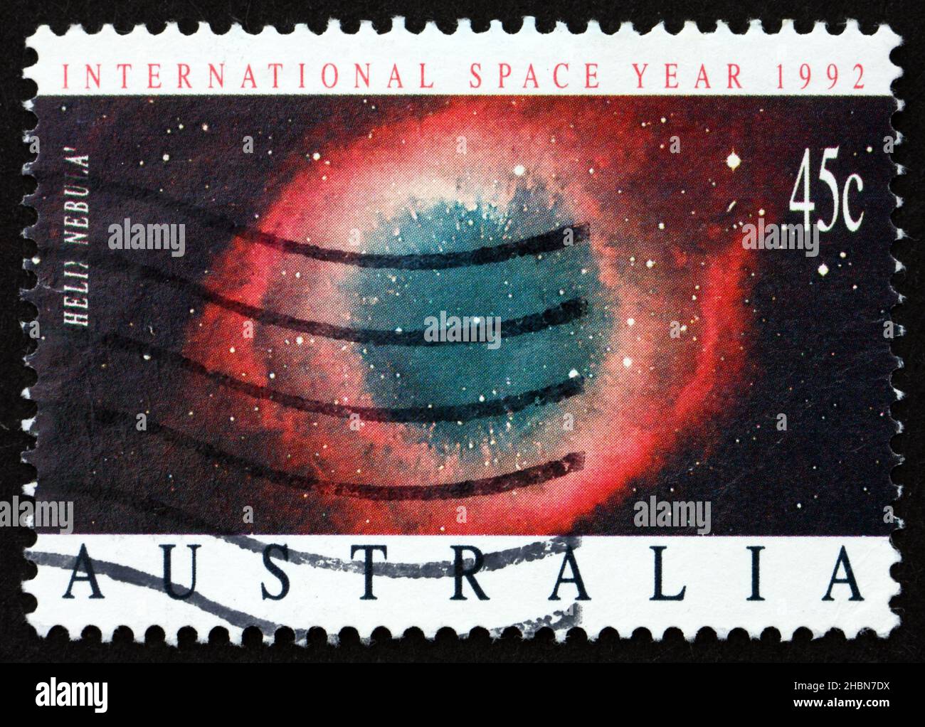 AUSTRALIA - CIRCA 1992: a stamp printed in the Australia shows Helix Nebula, Planetary Nebula, International Space Year, circa 1992 Stock Photo
