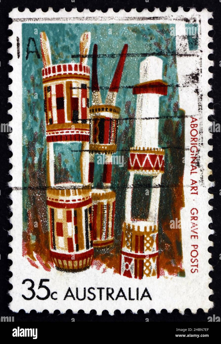 AUSTRALIA - CIRCA 1971: a stamp printed in the Australia shows Grave-posts, Set up at a Grave in Memory and Honor of the Dead, Bathurst and Melville I Stock Photo