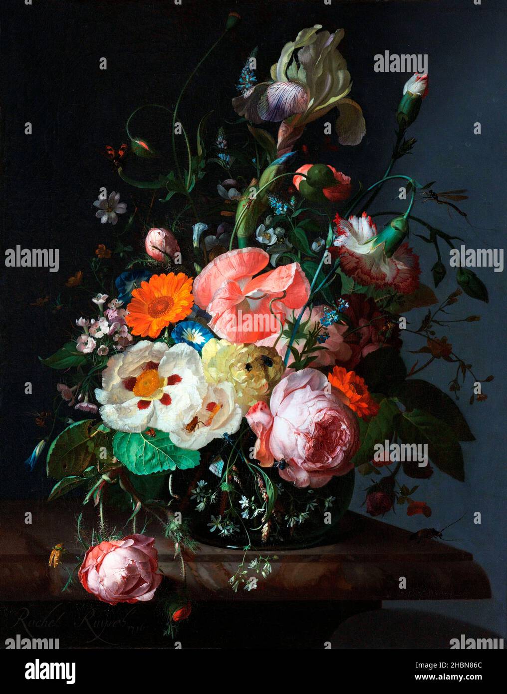 Still Life with Flowers on a Marble Tabletop by Rachel Ruysch (1664-1750), oil on canvas, 1716 Stock Photo