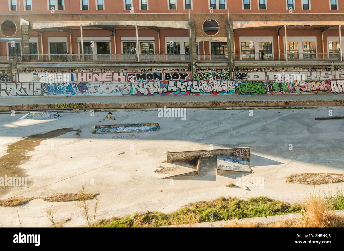 Malaga Spain. Skate park in dry riverbed of Guadalmedina river in Malaga City, Costa del Sol. Andalucia, Spain. Stock Photo
