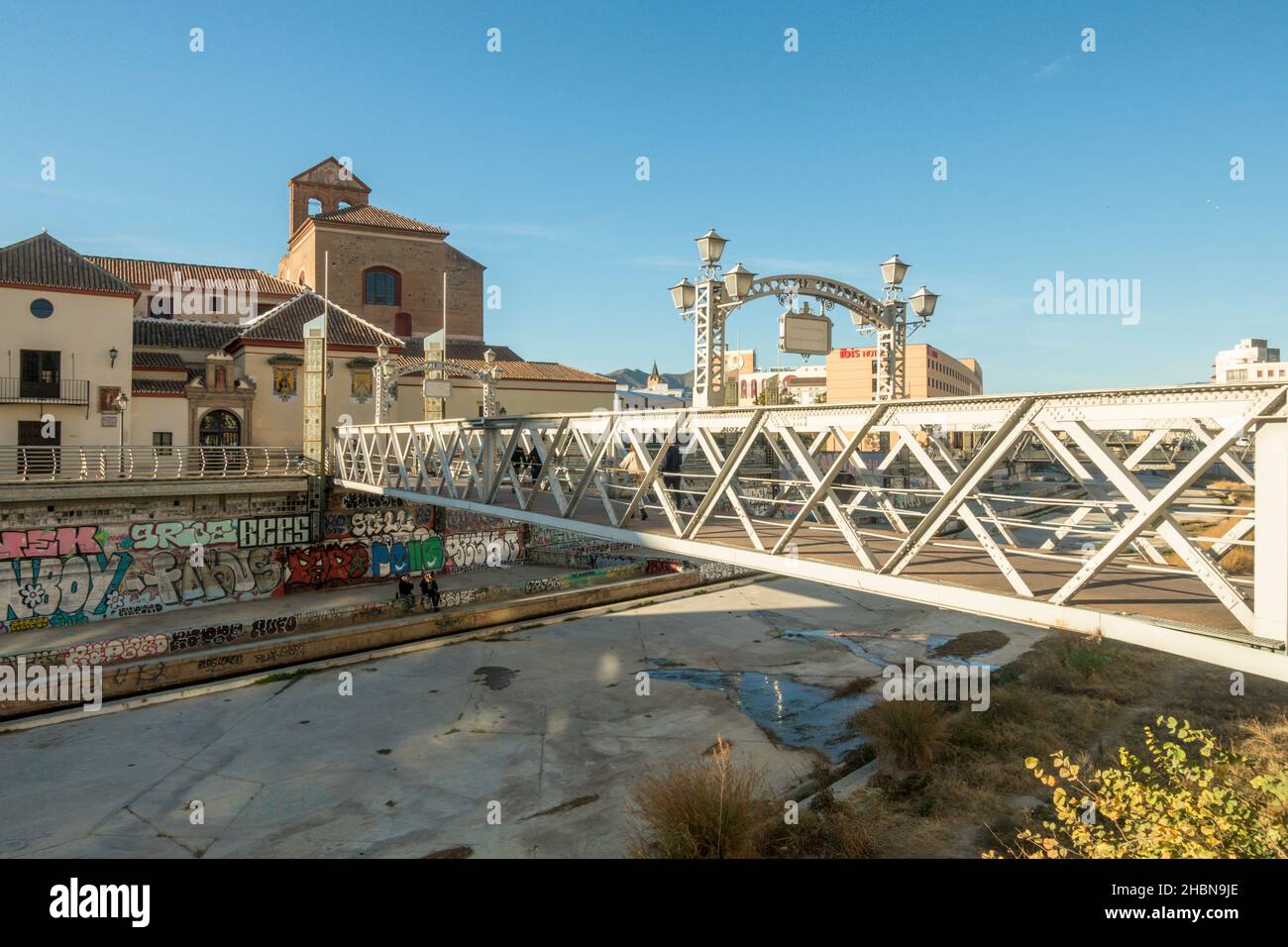 Malaga Spain, Puente de los Alemanes in centre of Malaga city, crossing Guadalmedina river, Spain. Stock Photo