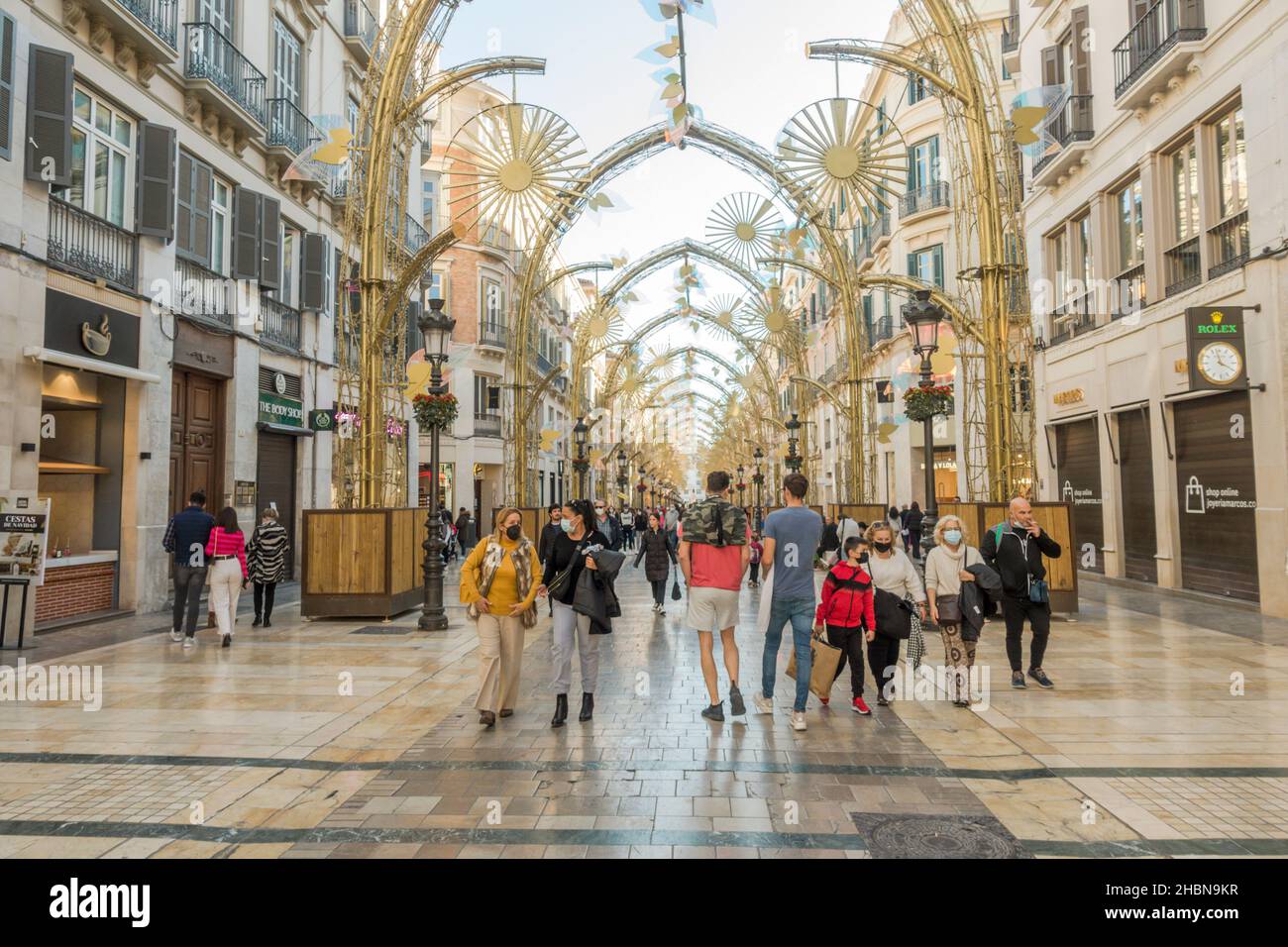 Christmas lights decoration, at daytime, Calle Larios, Malaga city