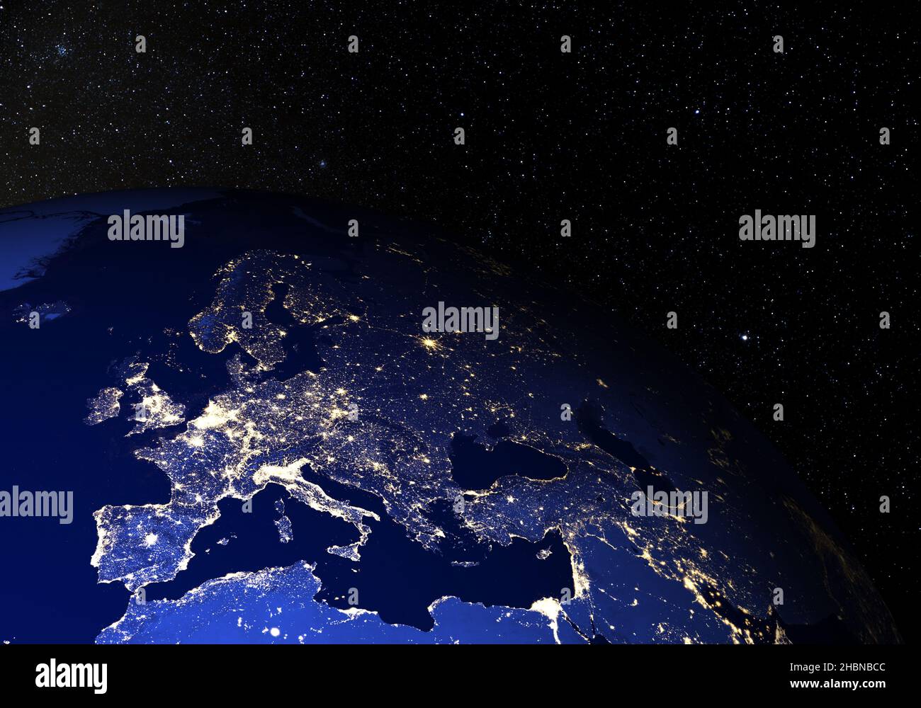 Europe from space at night. Elements of this image furnished by NASA. Stock Photo