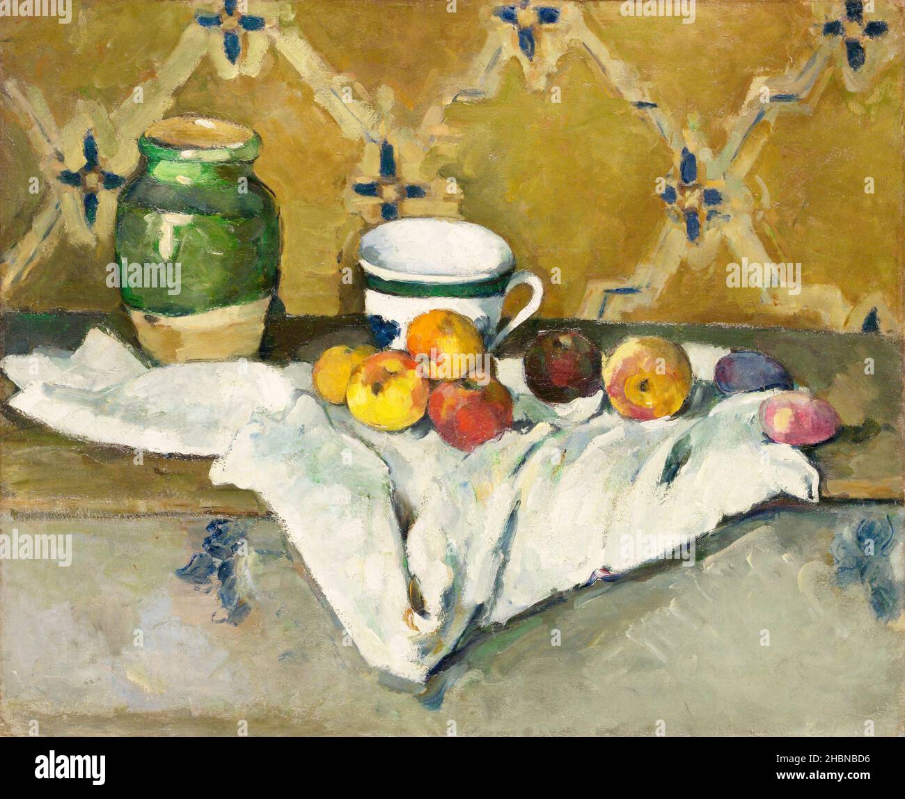 Still Life with Jar, Cup, and Apples (ca. 1877) by Paul Cézanne. Stock Photo
