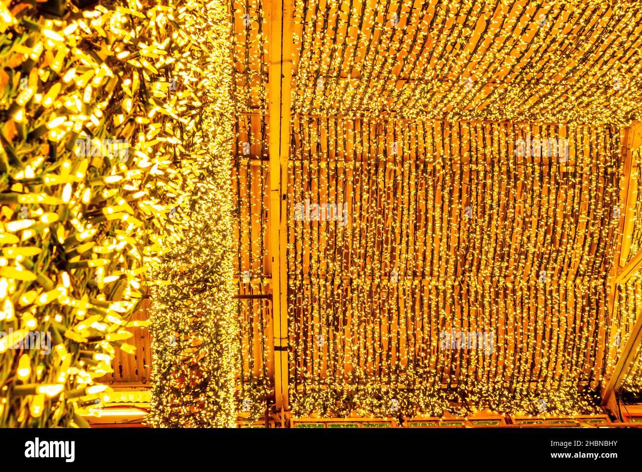 abstract image of yellow or warm white  fairy or twinkle  lights on ceiling Stock Photo