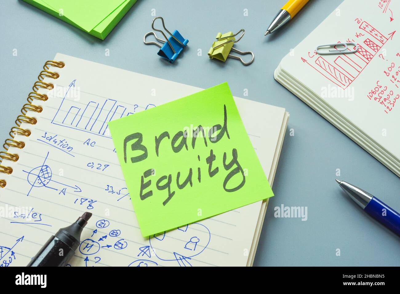 Brand equity mark and open notepad with calculations. Stock Photo