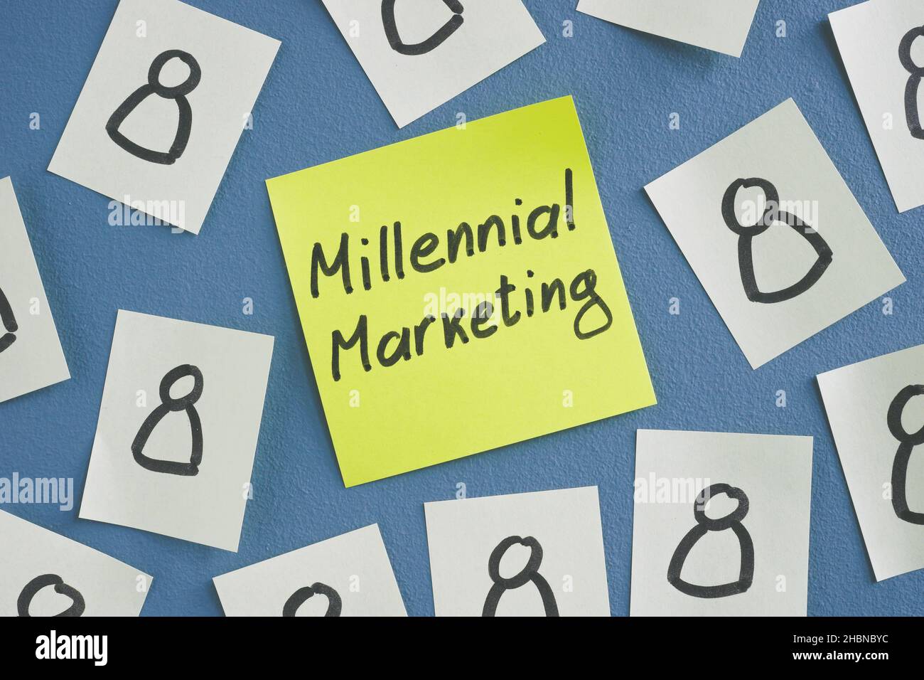 Millennial marketing sign and drawn figures. Stock Photo