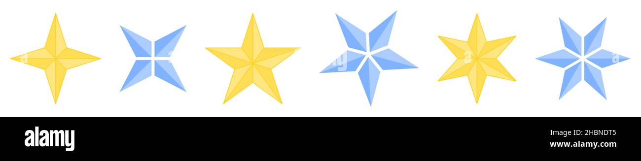 3d extruded star icons. Four five and six pointed version Stock Vector