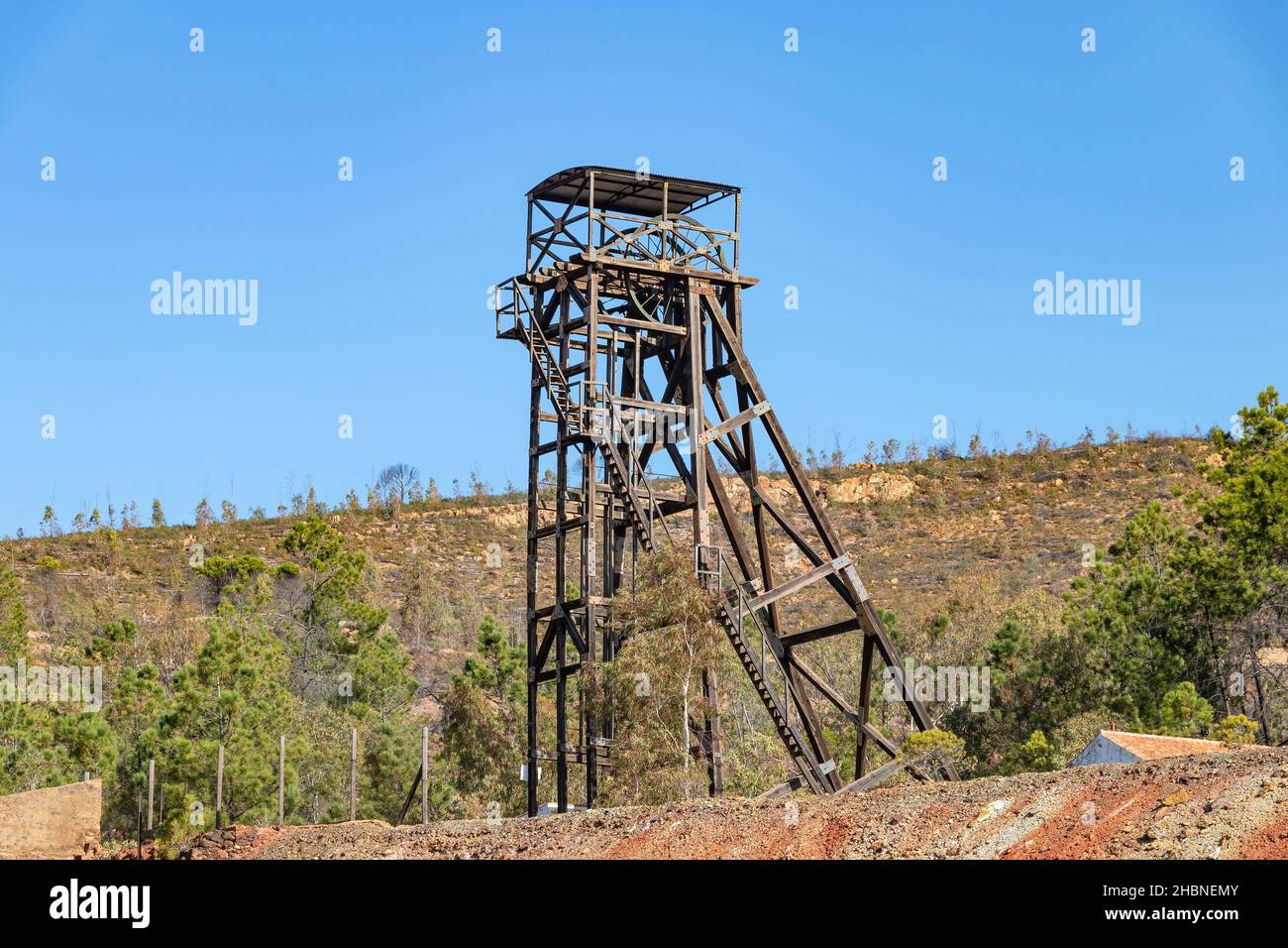 Winch of the Master Well of Peña del Hierro was a mining tower located in the Spanish municipality of Nerva, in the province of Huelva, within the Rio Stock Photo