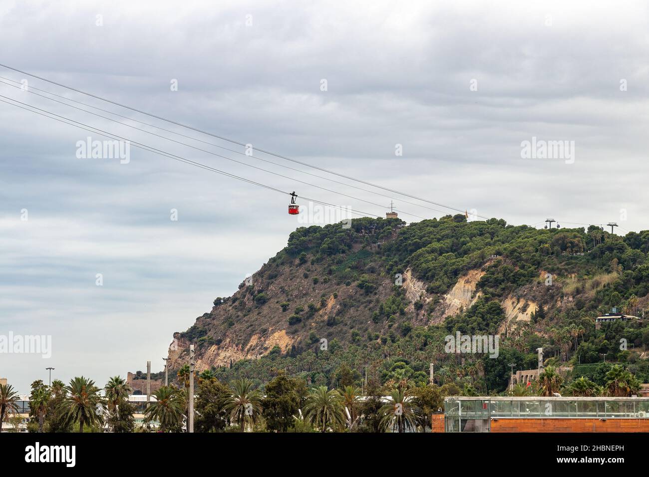 View of the cable car that goes up to the Montjuic mountain in ...