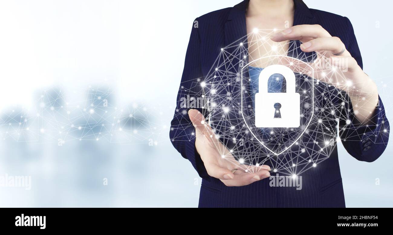 Data protection privacy concept. GDPR. Cyber security network. Two hand ...