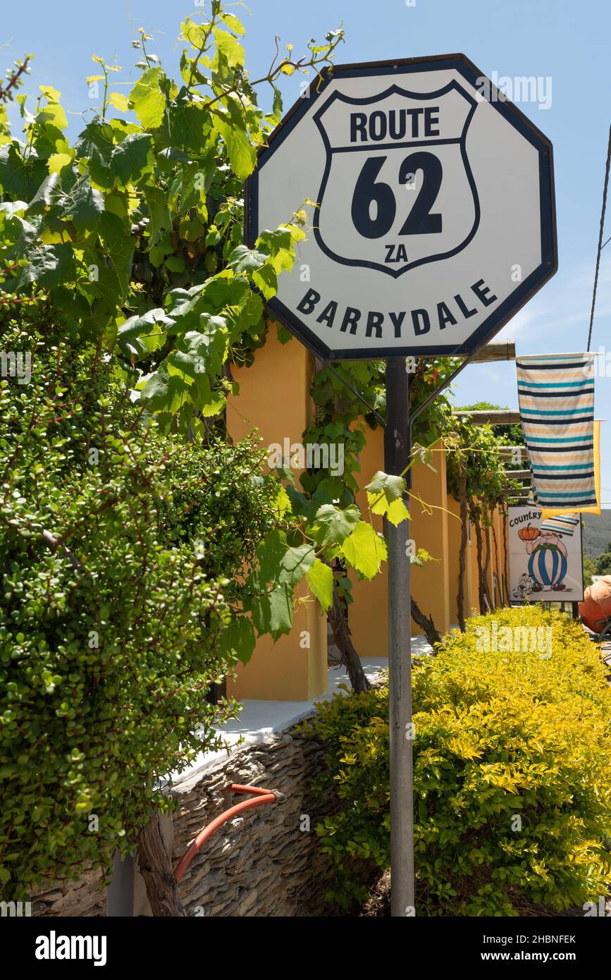 Route 62 sign in Barrydale, Western Cape, South Africa, 20 December 2021. Stock Photo