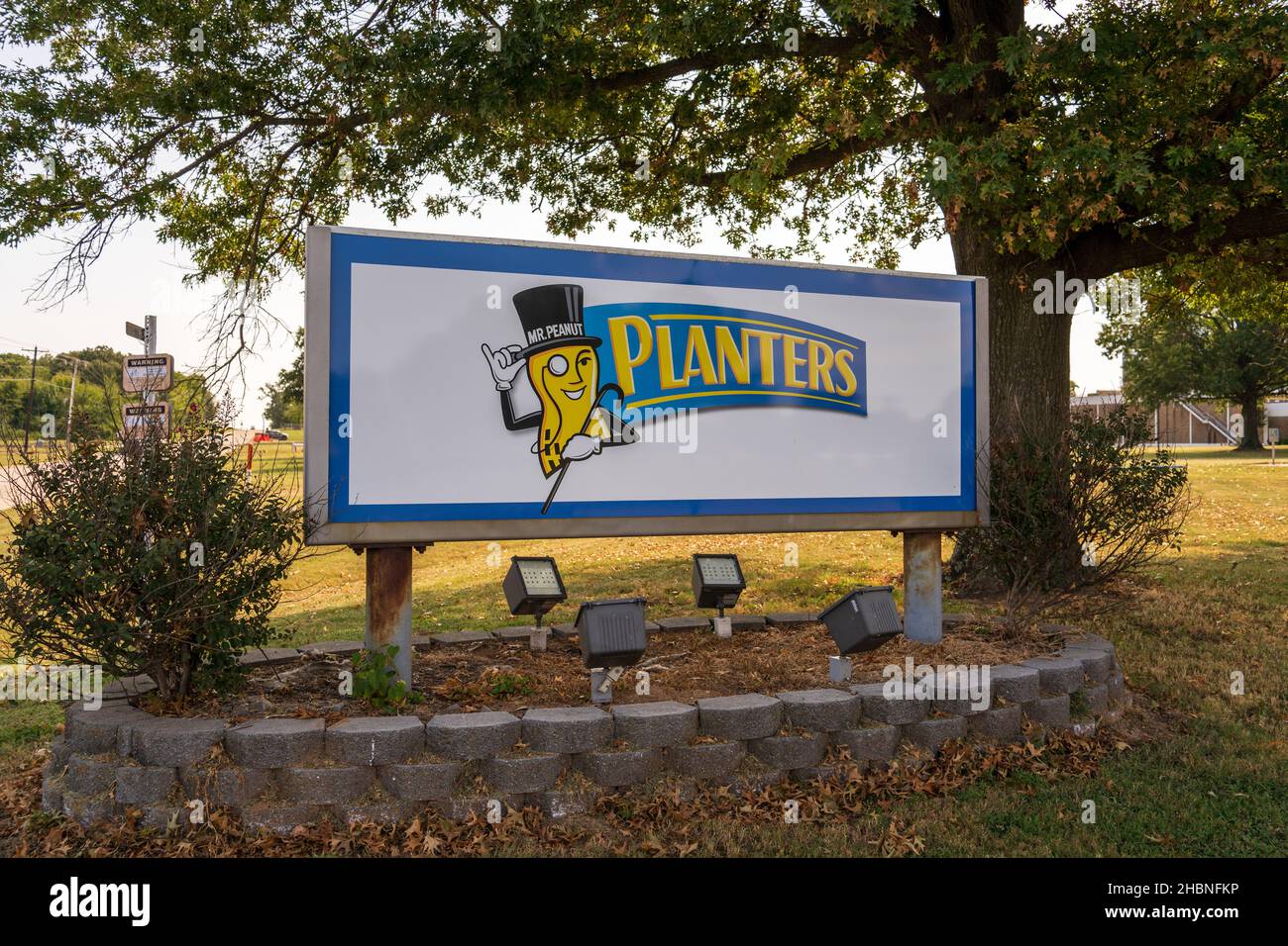 Fort Smith, AR -  Sept. 15, 2021: Sign in front ot the  Planters Peanut manufacturing plant. Stock Photo