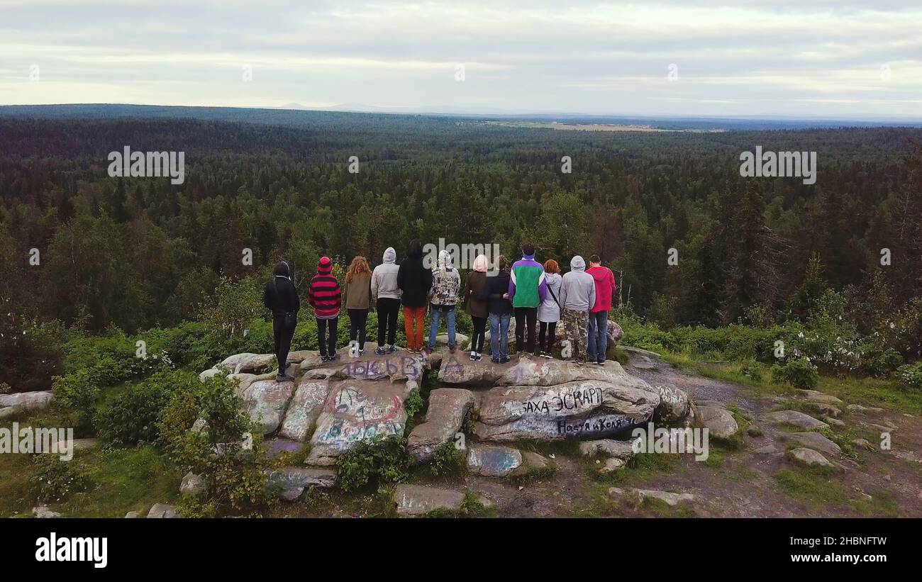 Aerial view happy family hiking hi-res stock photography and images - Alamy