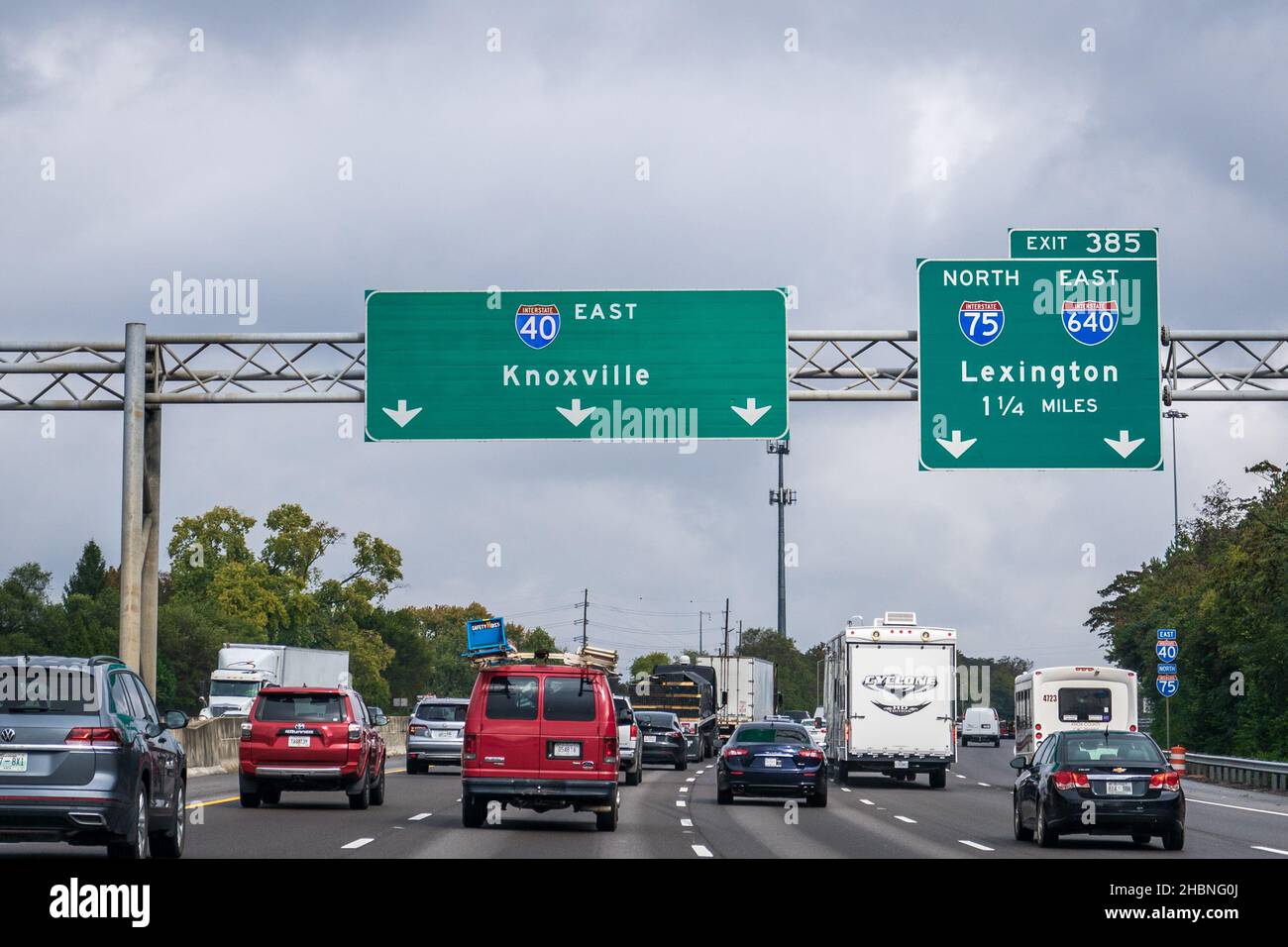 Knoxville, TN - Oct. 25, 2021: Signs on Interstate 40 toward Knoxville and Exit 385 for I-75 North and I-640 East toward Lexington, Kentucky. Stock Photo