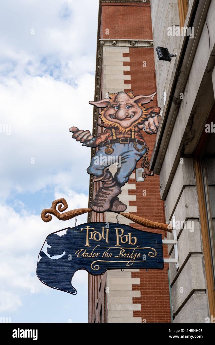 Louisville, KY - Sept. 11, 2021: The Troll Pub Under the Bridge, located on the site of the original Galt House hotel, serves lunch and dinner, as wel Stock Photo