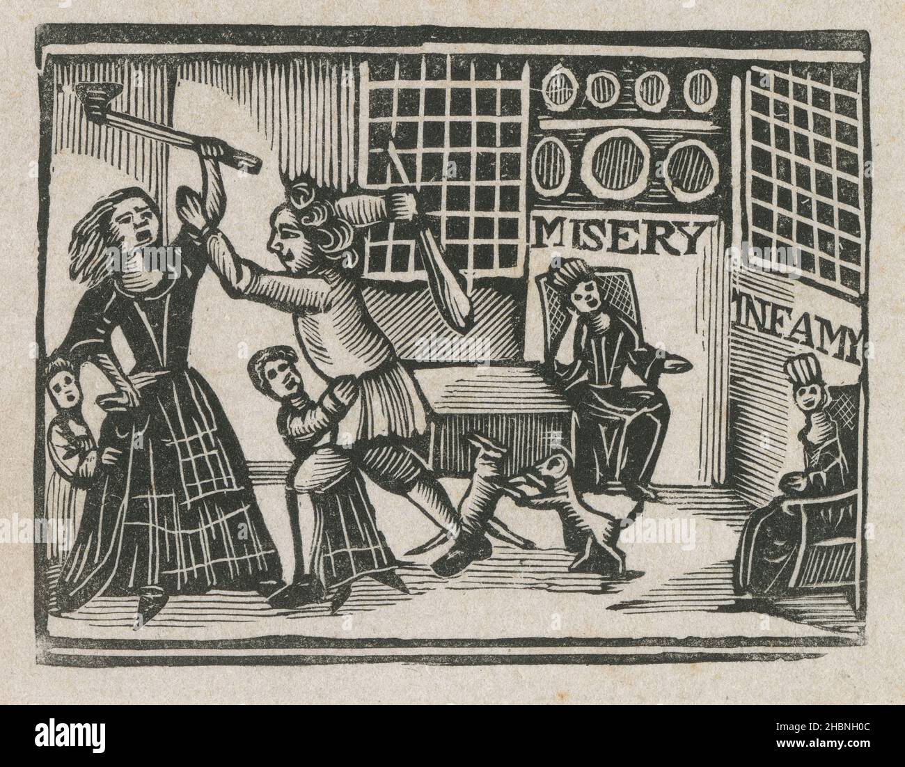 Antique 19th century woodcut engraving, 'Daughter of Riches and Her Husband Quarreling' depicting Miss Delicacy fighting with her husband, reproduced from 'The Pious Youth's Recreation; containing a pleasant historical relation of the families of Riches and Poverty, Godliness and Labor' (1711). SOURCE: ORIGINAL ENGRAVING Stock Photo