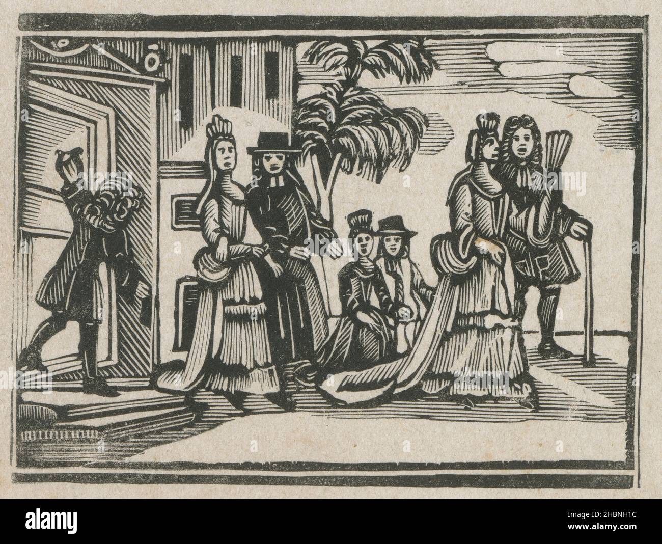 Antique 19th century woodcut engraving, 'Riches Walking Out' depicting Riches with wife and children and chaplain and lady's maid, reproduced from 'The Pious Youth's Recreation; containing a pleasant historical relation of the families of Riches and Poverty, Godliness and Labor' (1711). SOURCE: ORIGINAL ENGRAVING Stock Photo