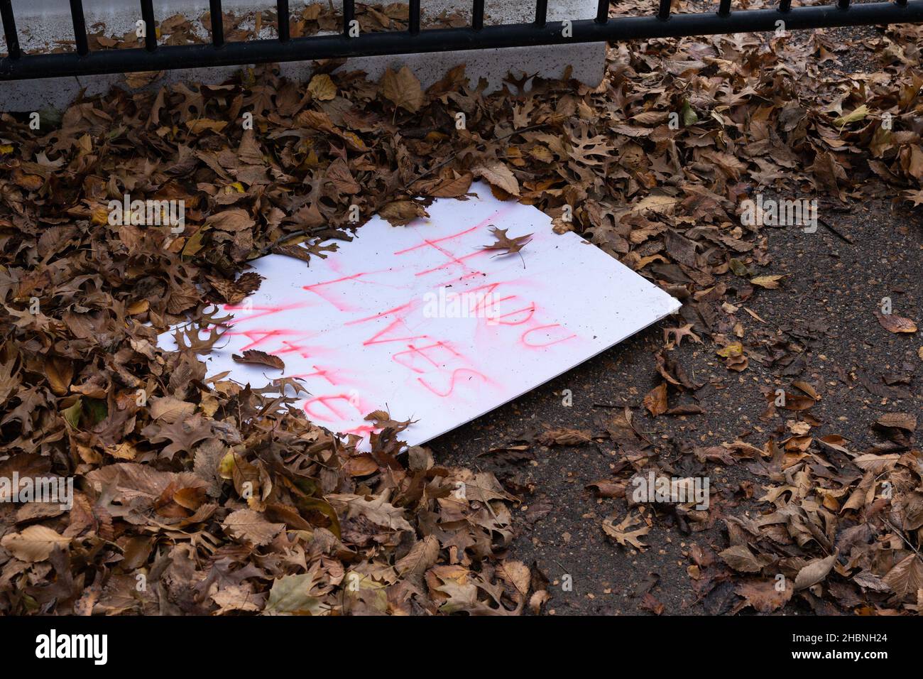 rain soaked and smeared discarded sign from a protest laying on the ground surrounded by dry leaves says Hindu Lives Matter Stock Photo