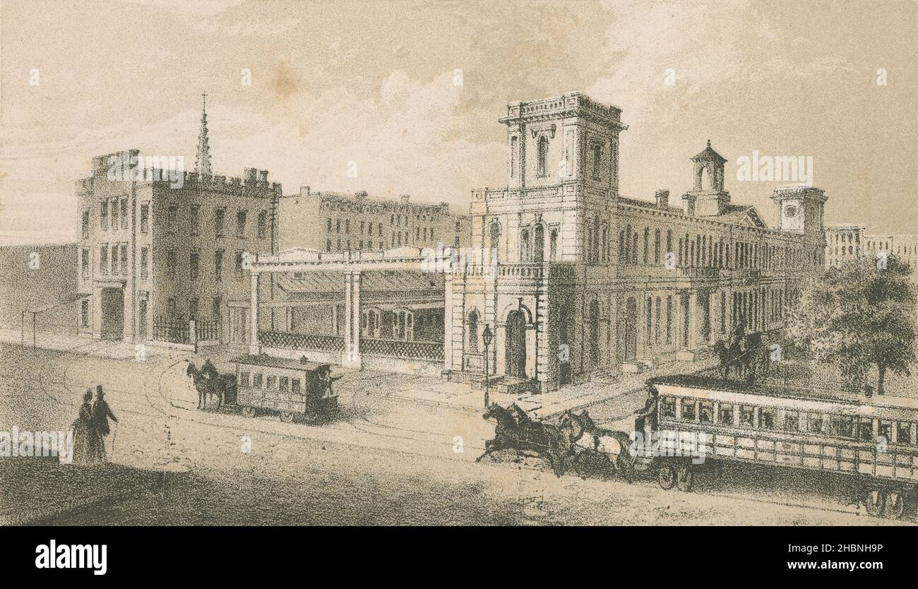 Antique 1860 engraving, New York and Harlem Railroad railroad depot on 4th Ave at corner of 27th Street. The New York and Harlem Railroad was one of the first railroads in the United States. Horses initially pulled the railway carriages. SOURCE: ORIGINAL ENGRAVING Stock Photo