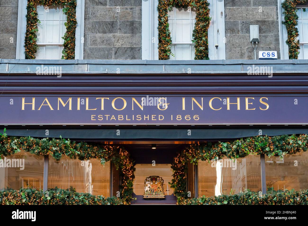 Edinburgh, Scotland- Nov 21, 2021:  The sign for Hamilton & Inches jewllery store in Edinburgh. Stock Photo