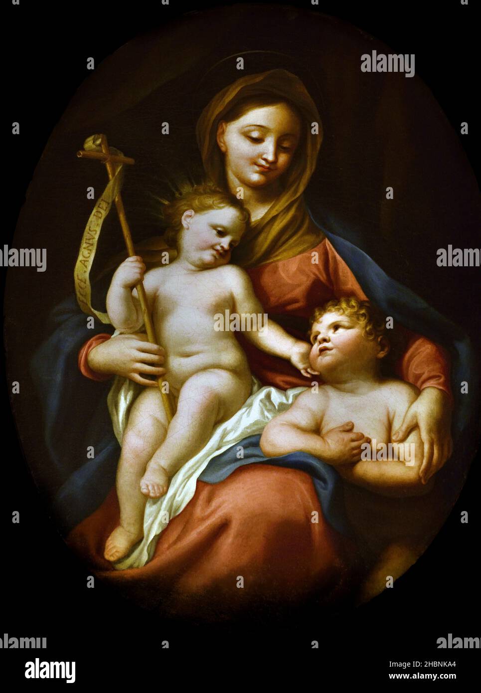 Madonna col Bambino - Madonna and Child with St. John 1700 byAnton Maria Piola ( Genoa , 1654 - 1715 ) Italy, Italian, Stock Photo