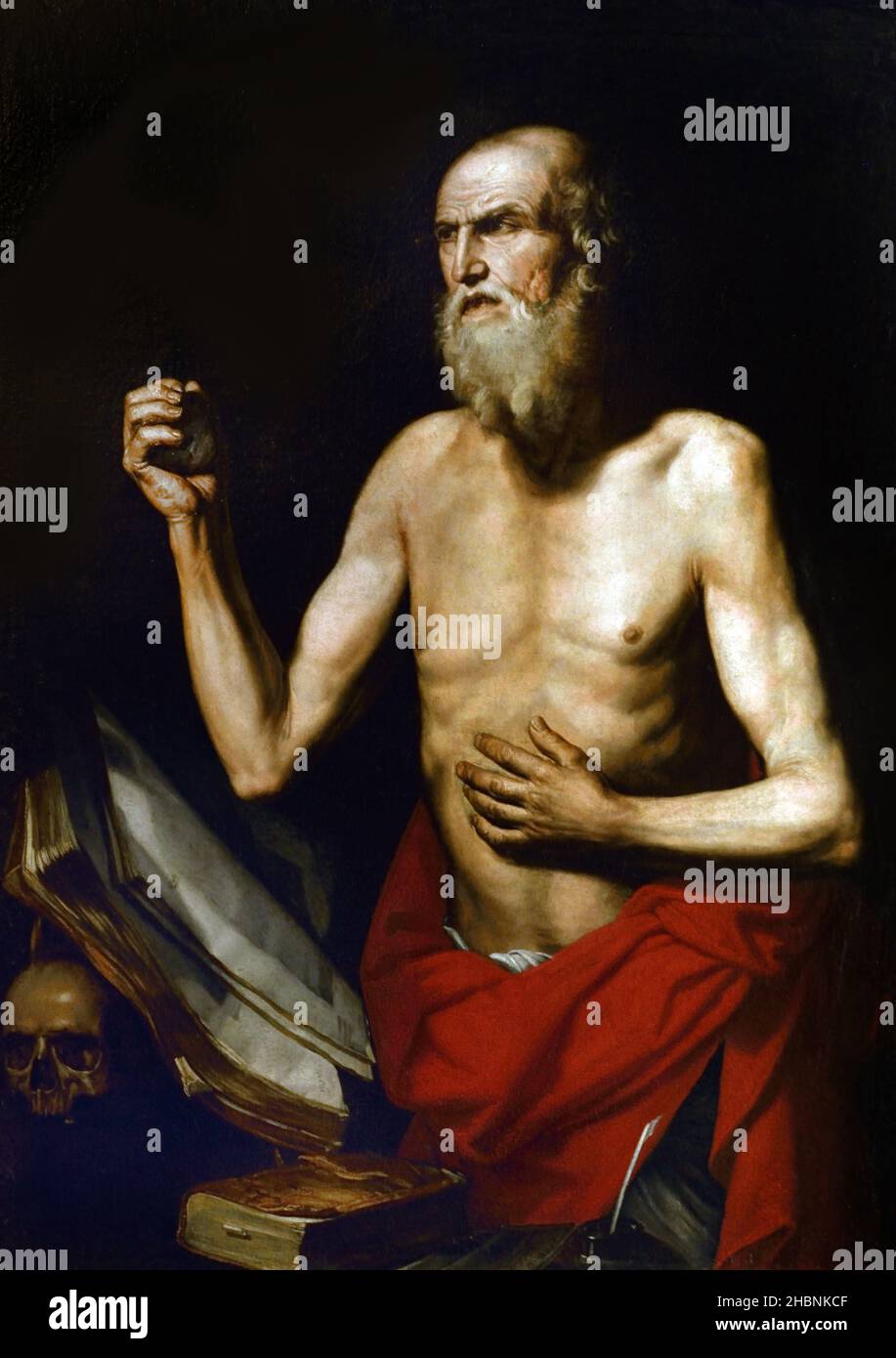 Penitente San Girolamo  - Penitent St. Jerome 1630 by Glielmo Francesco, Active in Naples in the 17th century Italy, Italian, (  Francesco Glielmo, is still little known. Trained in Naples at the beginning of the seventeenth century, he was strongly influenced by the lesson of Caravaggio ) Stock Photo