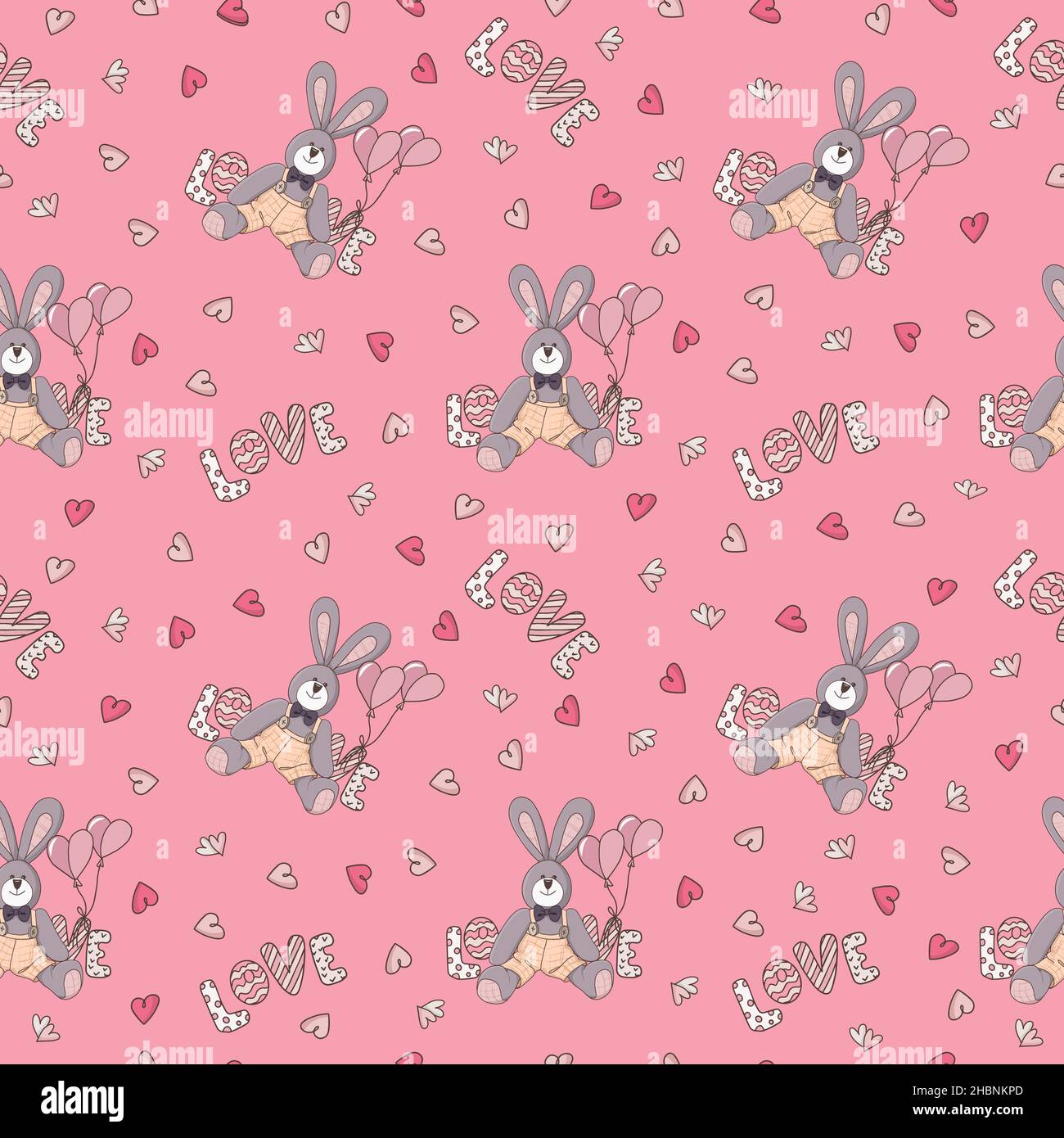 Seamless pattern with funny rabbits and hearts on a pink background ...