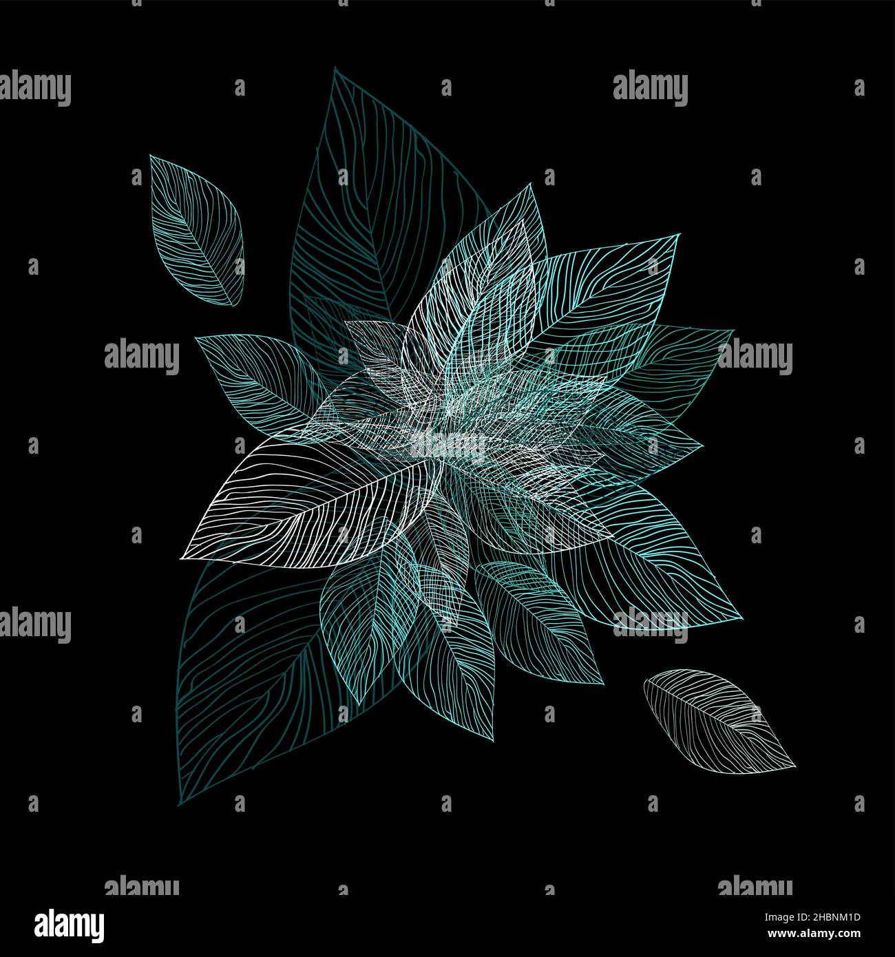 Abstraction blue skeletonized leaves on a black background . Vector ...