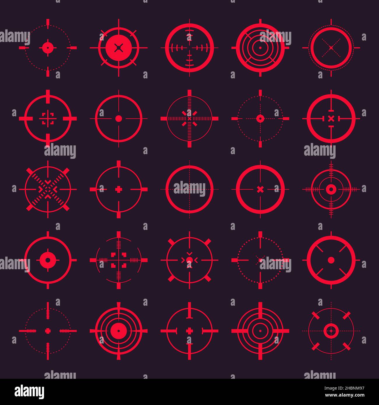 Crosshair, gun sight vector icons. Bullseye, red target or aim symbol ...