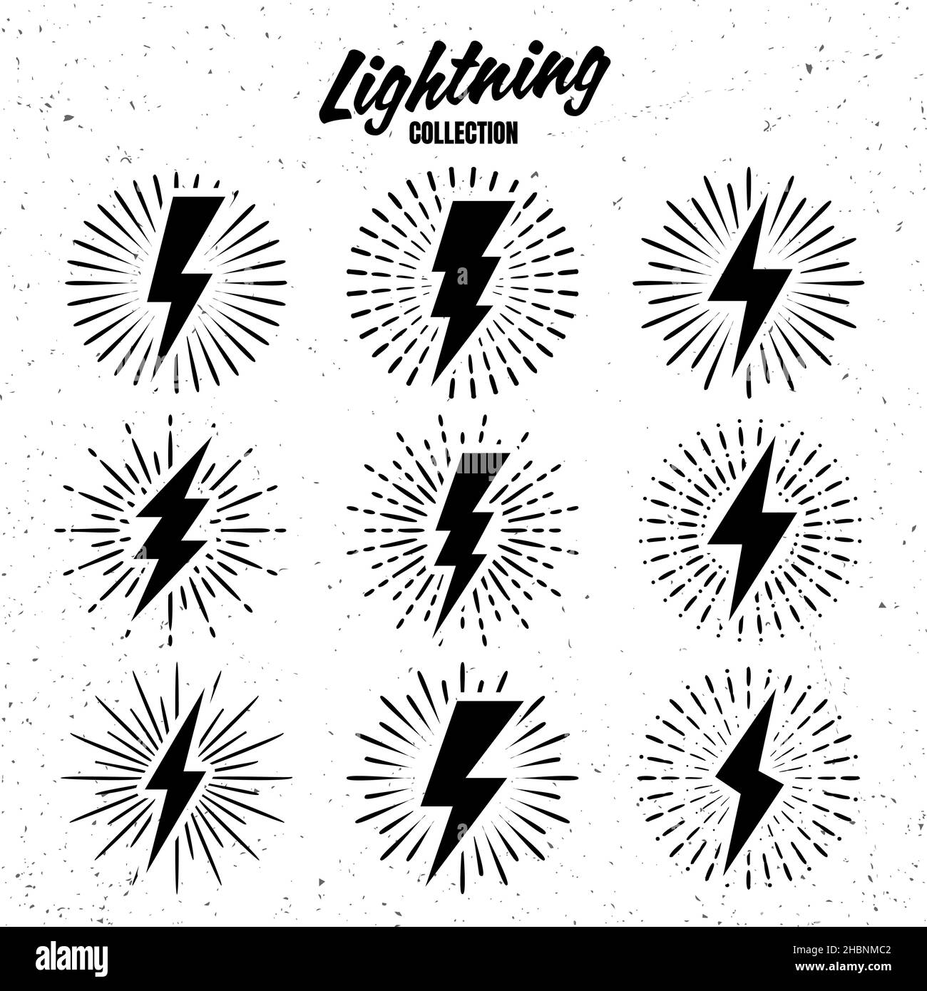 Set of vintage lightning bolts and sunrays on grunge background