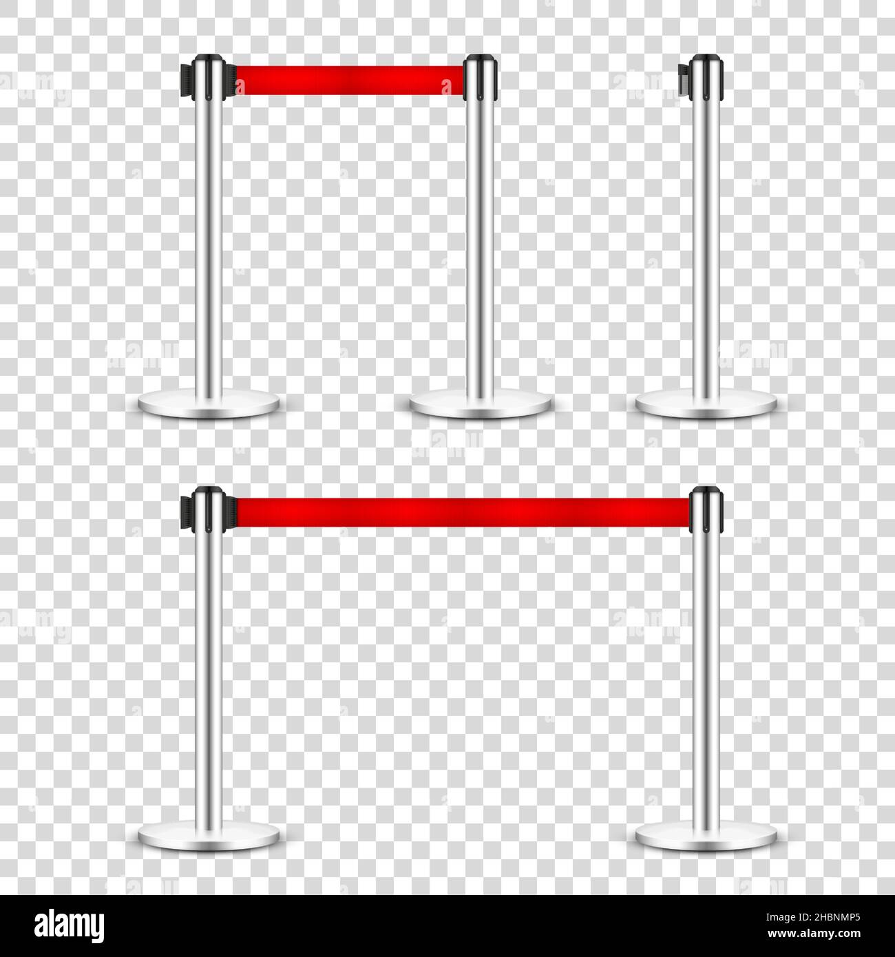 Realistic retractable belt stanchion on transparent background. Crowd control barrier posts with