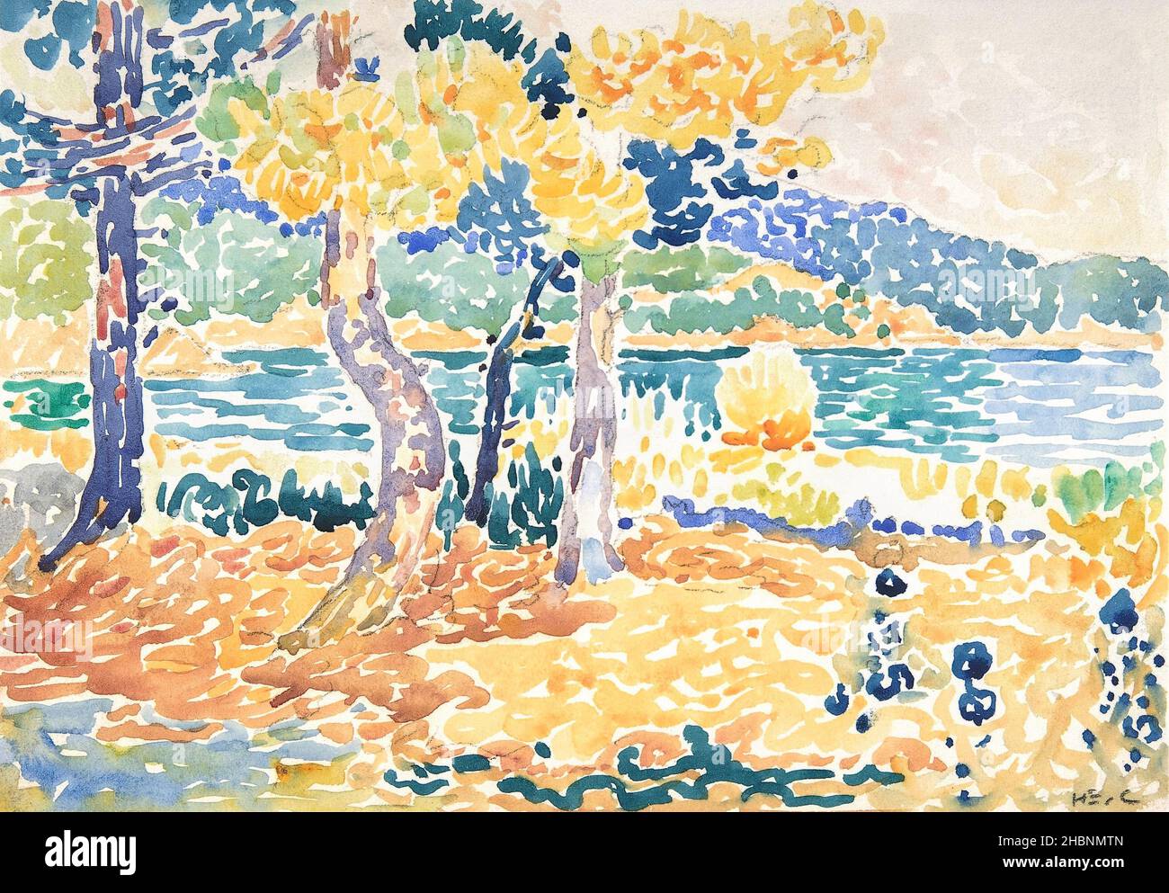 Pines on the Coastline (1856-1910) painting in high resolution by Henri-Edmond Cross. Stock Photo