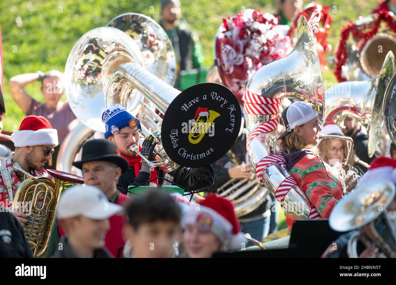 Austin Texas USA, Dec. 20 2021 Musicians of all ages gather at the