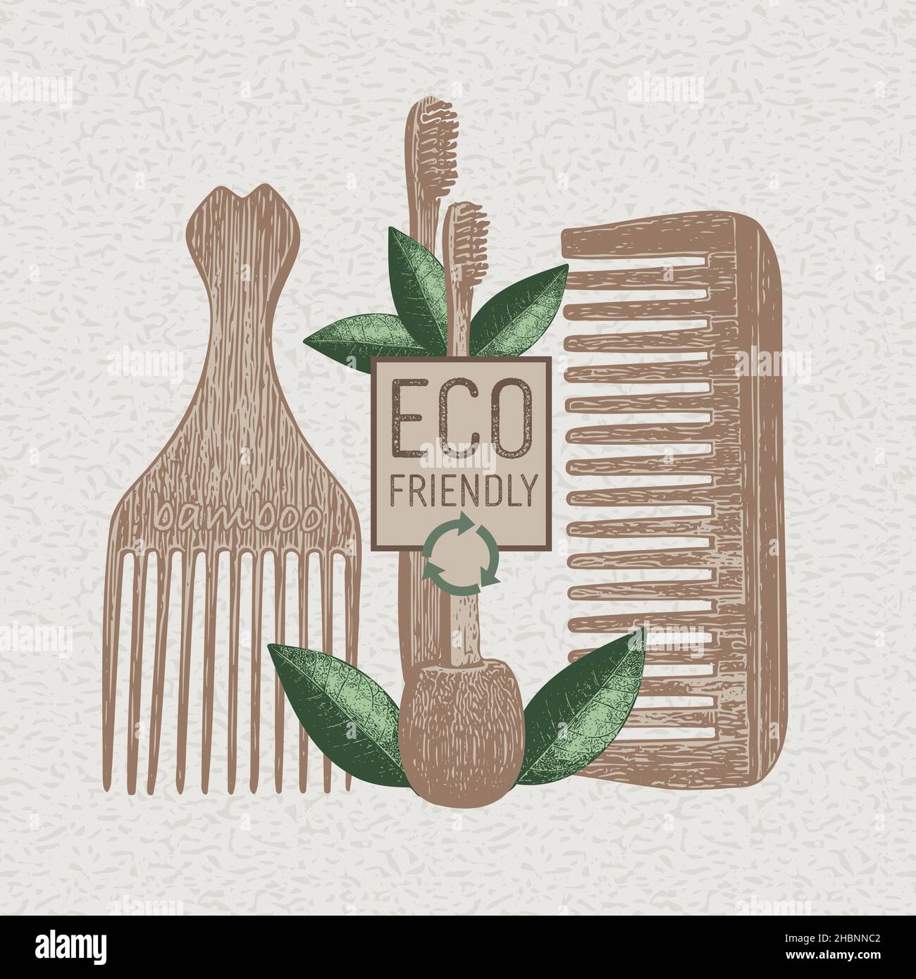 Cepillo de dientes y peine ecológico de bambú . Productos eco friendly, en beneficio del medio ambiente. Ilustración de vectores. Stock Vector