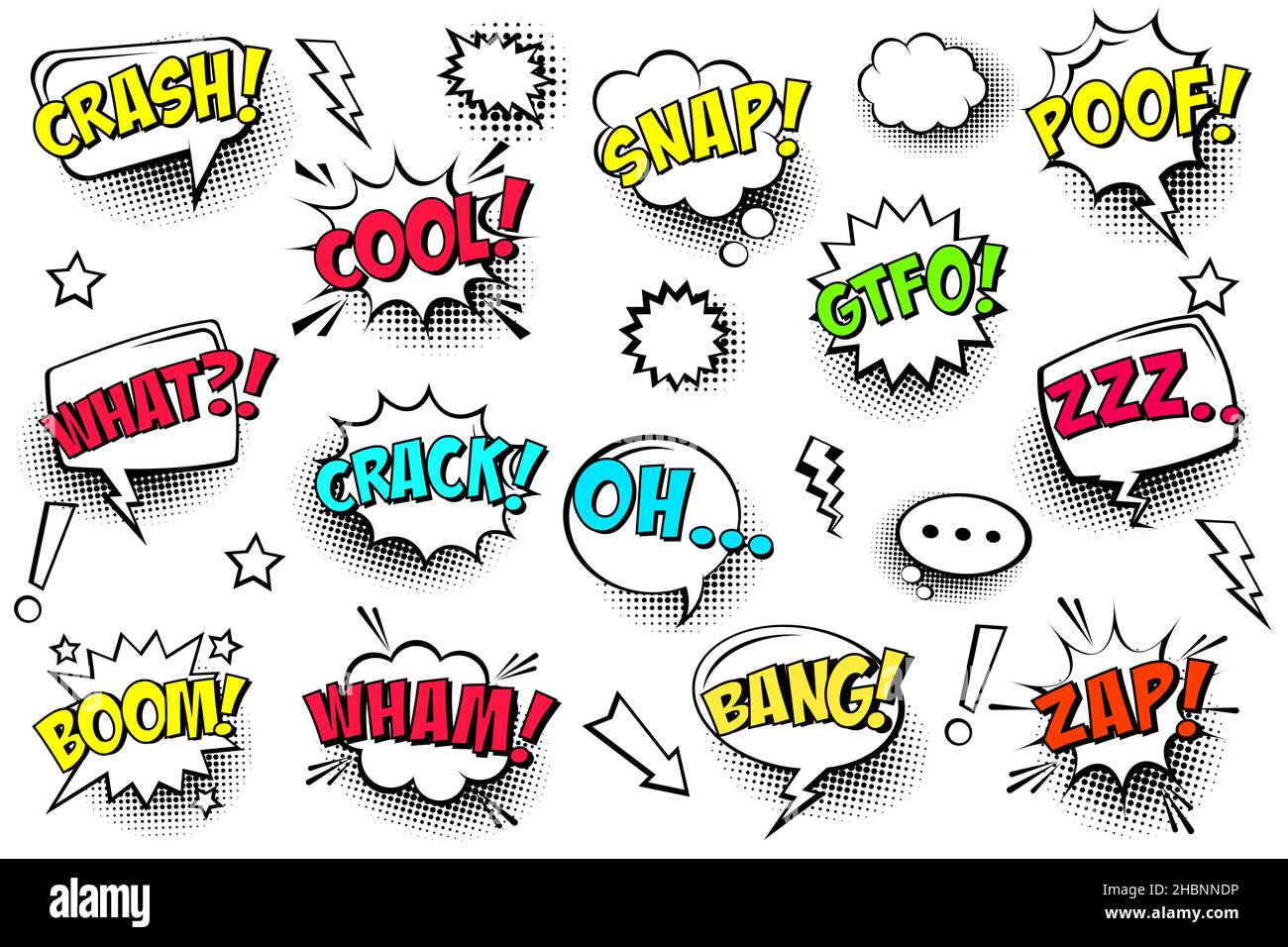 Comic speech bubbles with halftone shadows and colorful text isolated ...