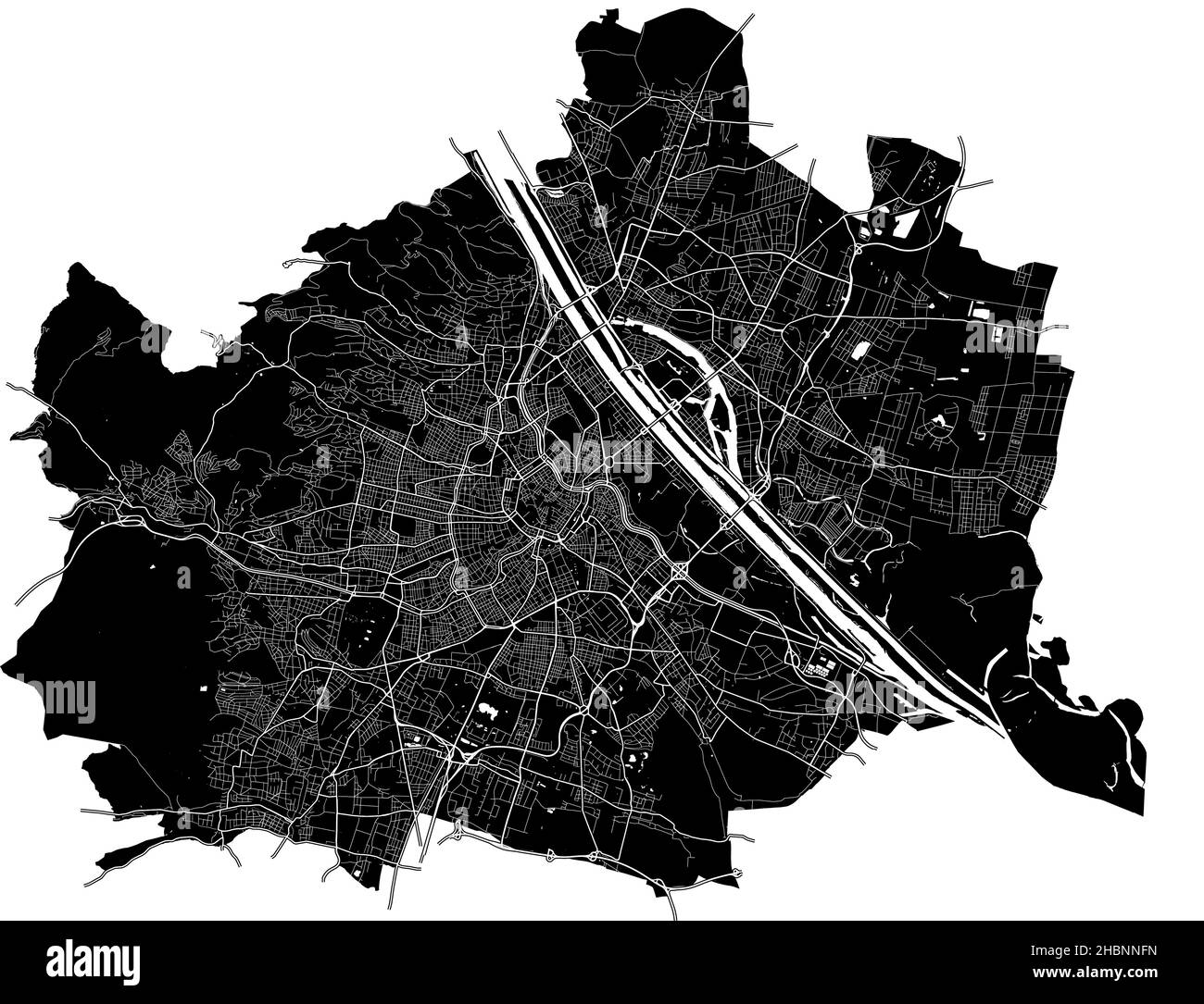 Vienna, Austria, high resolution vector map with city boundaries, and editable paths. The city map was drawn with white areas and lines for main roads Stock Vector