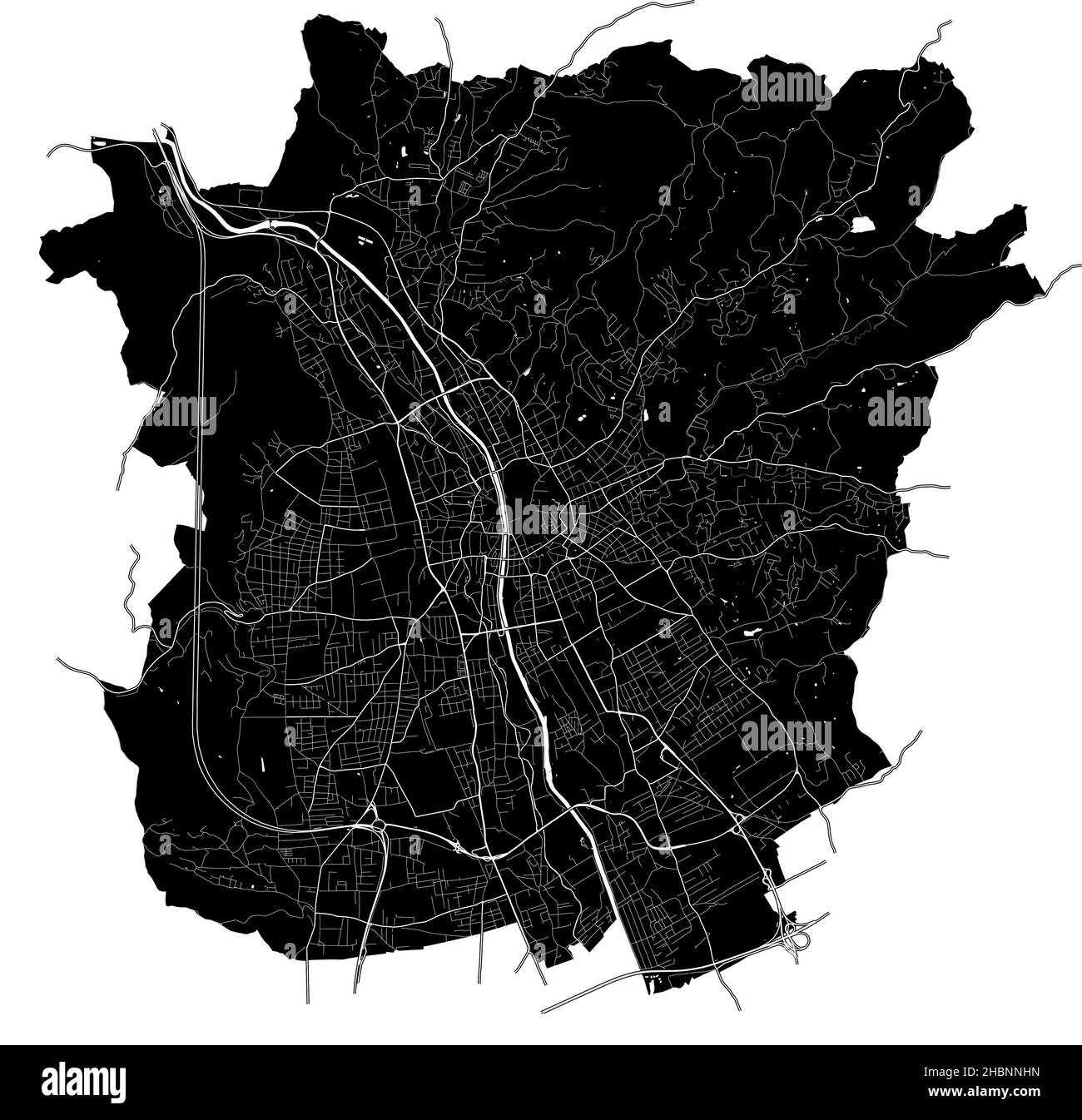 Graz, Austria, high resolution vector map with city boundaries, and editable paths. The city map was drawn with white areas and lines for main roads, Stock Vector