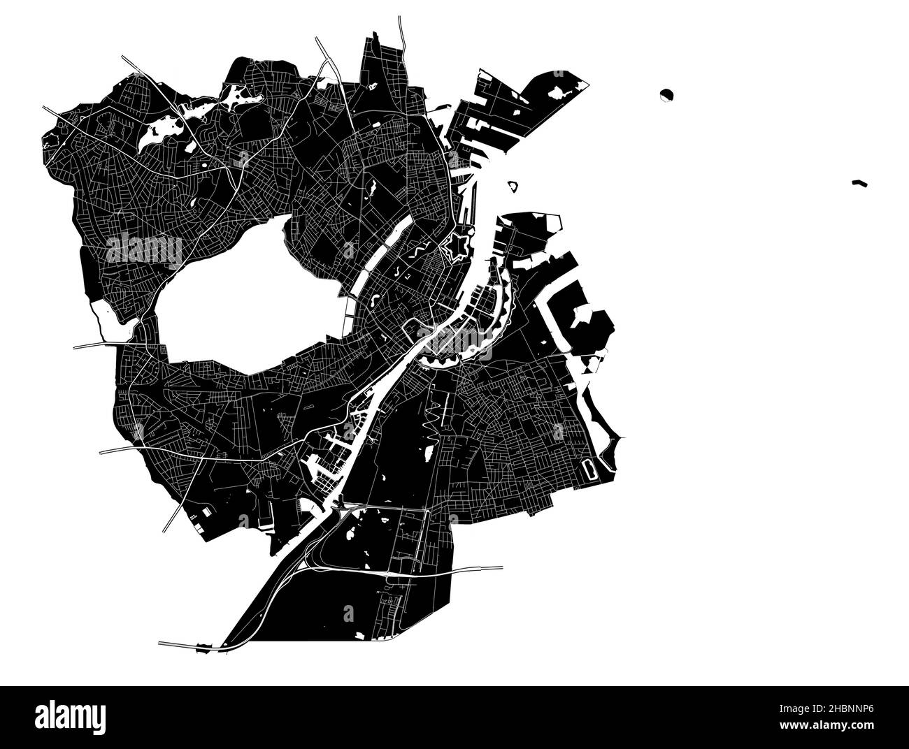 Kopenhagen, Denmark, high resolution vector map with city boundaries, and editable paths. The city map was drawn with white areas and lines for main r Stock Vector