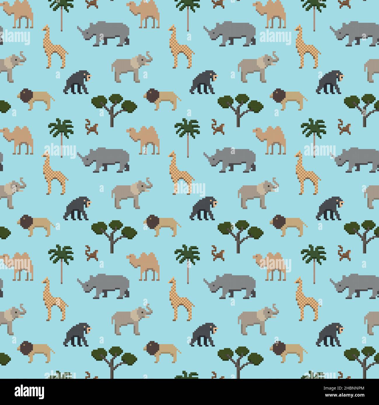 Seamless pattern pixel art safari animals Stock Vector
