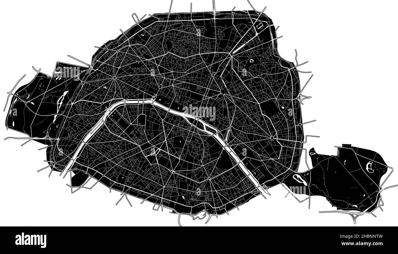 Paris, Paris, France, France, high resolution vector map with city boundaries, and editable paths. The city map was drawn with white areas and lines f Stock Vector