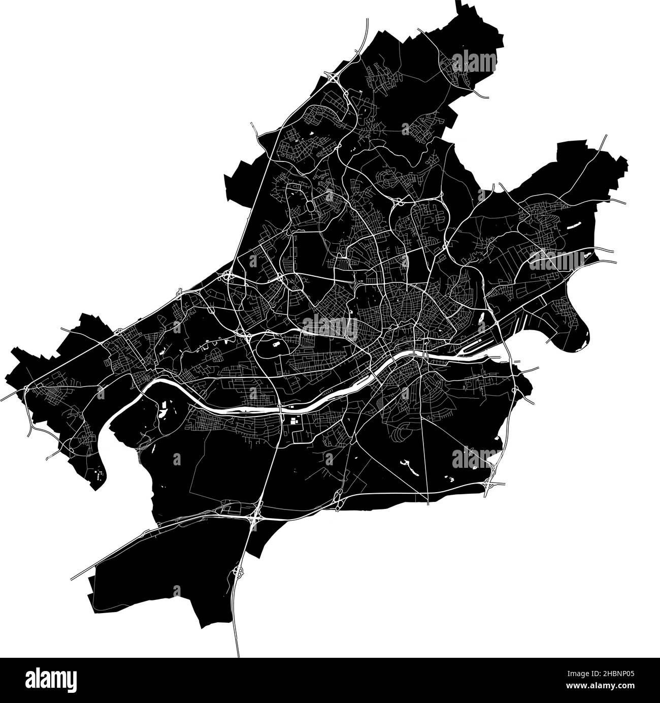 Frankfurt am Main, Hesse, Germany, Germany, high resolution vector map with city boundaries, and editable paths. The city map was drawn with white are Stock Vector