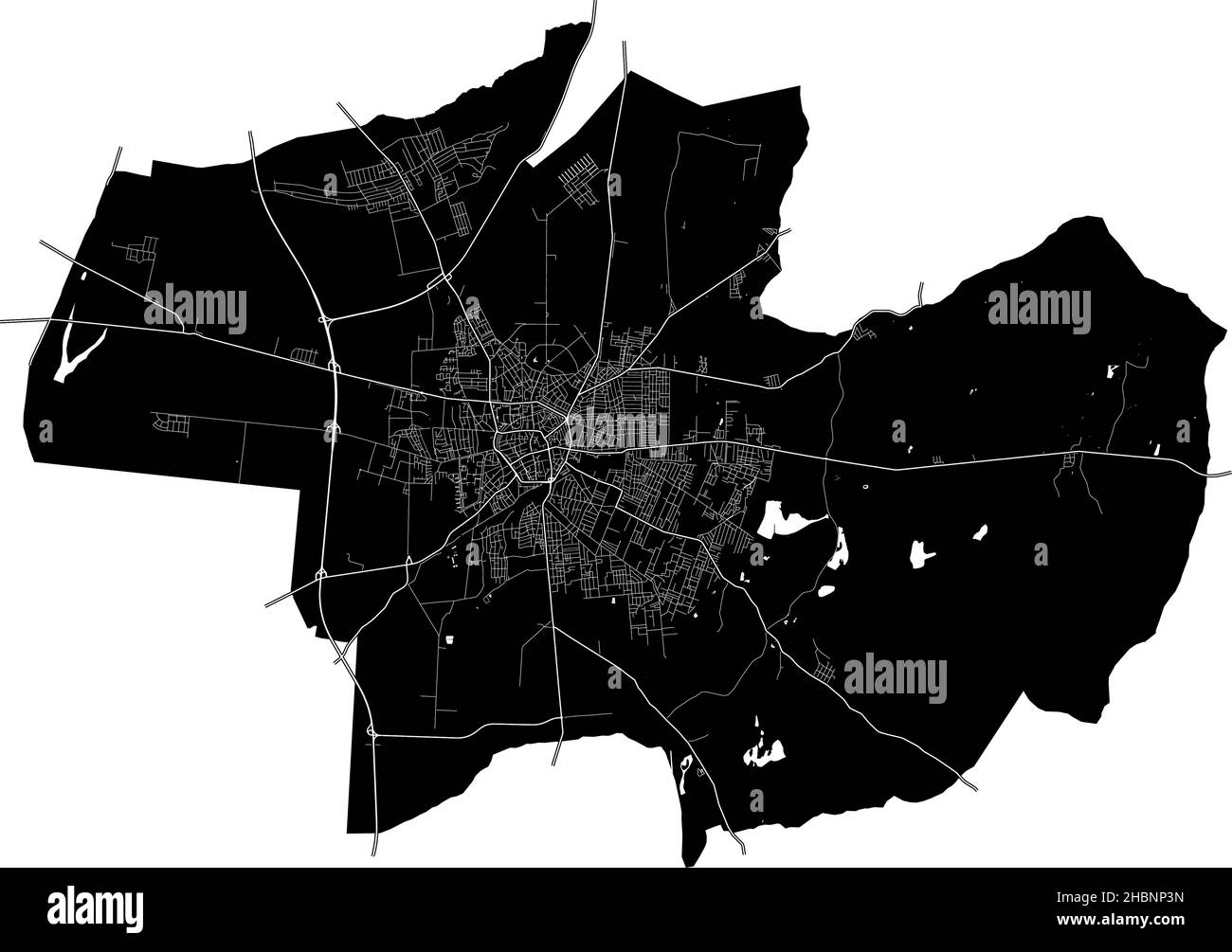Debrecen, Hungary, high resolution vector map with city boundaries, and editable paths. The city map was drawn with white areas and lines for main roa Stock Vector