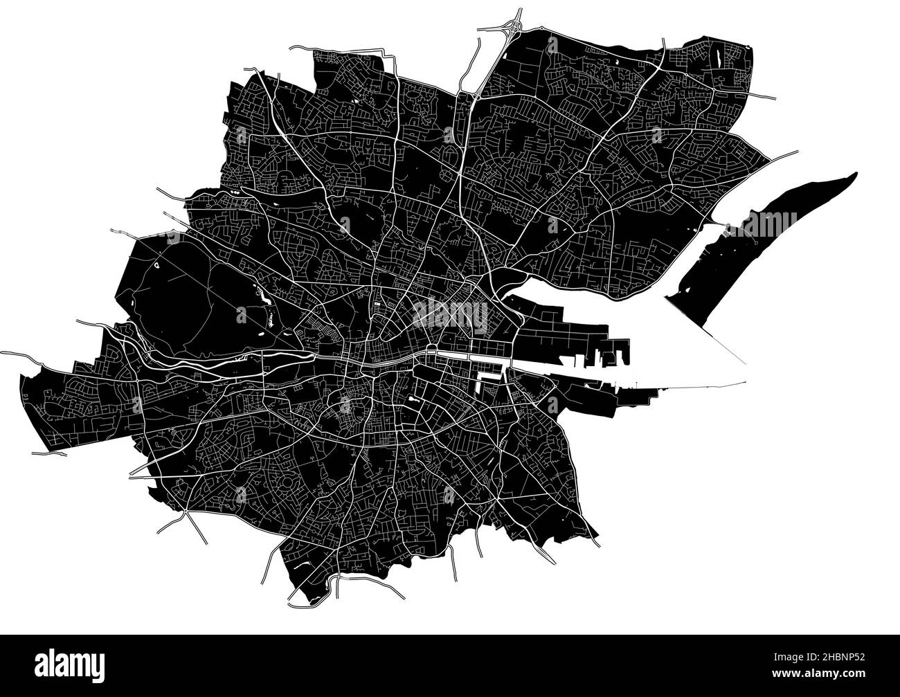 Dublin, Ireland, high resolution vector map with city boundaries, and editable paths. The city map was drawn with white areas and lines for main roads Stock Vector